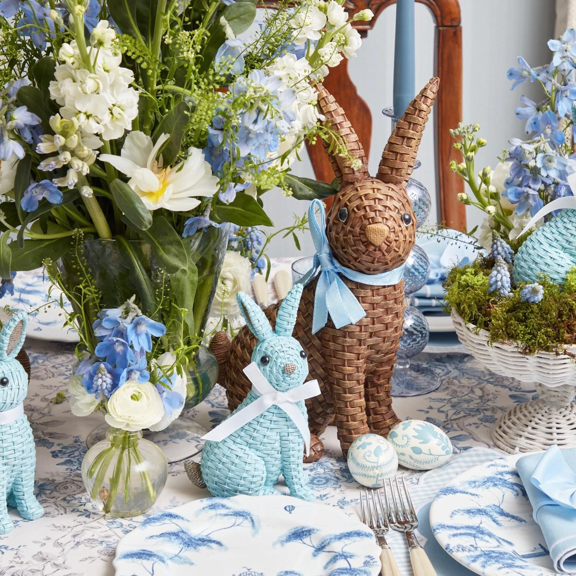 Blue & Brown Rattan Rabbit Family