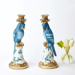 Blue & White Parrot Candle Holder (Pair)