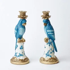 Blue & White Parrot Candle Holder (Pair)
