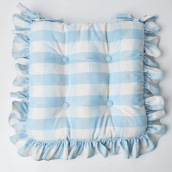 Blue Gingham Ruffle Seat Pad Cushion