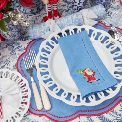 Blue Hand Embroidered Father Christmas Napkins (Set Of 4)