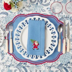 Blue Hand Embroidered Father Christmas Napkins (Set Of 4)