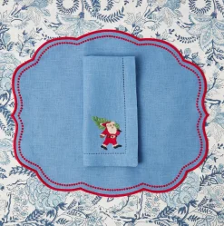 Blue Hand Embroidered Father Christmas Napkins (Set Of 4)
