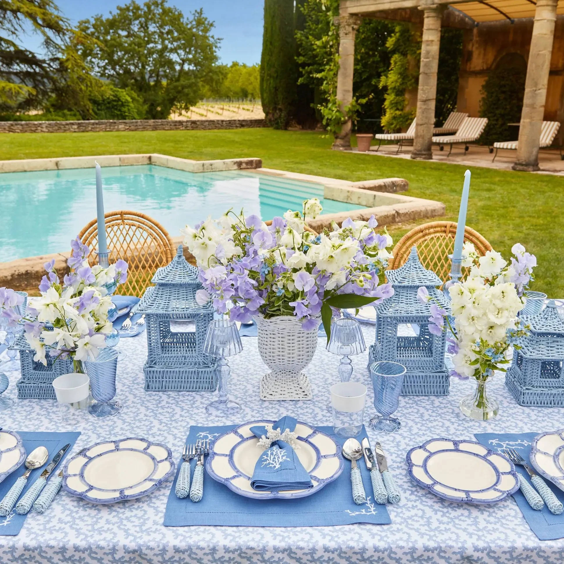 Blue Rattan Pagoda Lantern Set