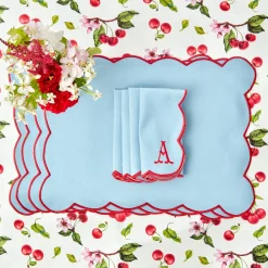 Blue With Red Scallop Placemats & Napkins (Set Of 4)