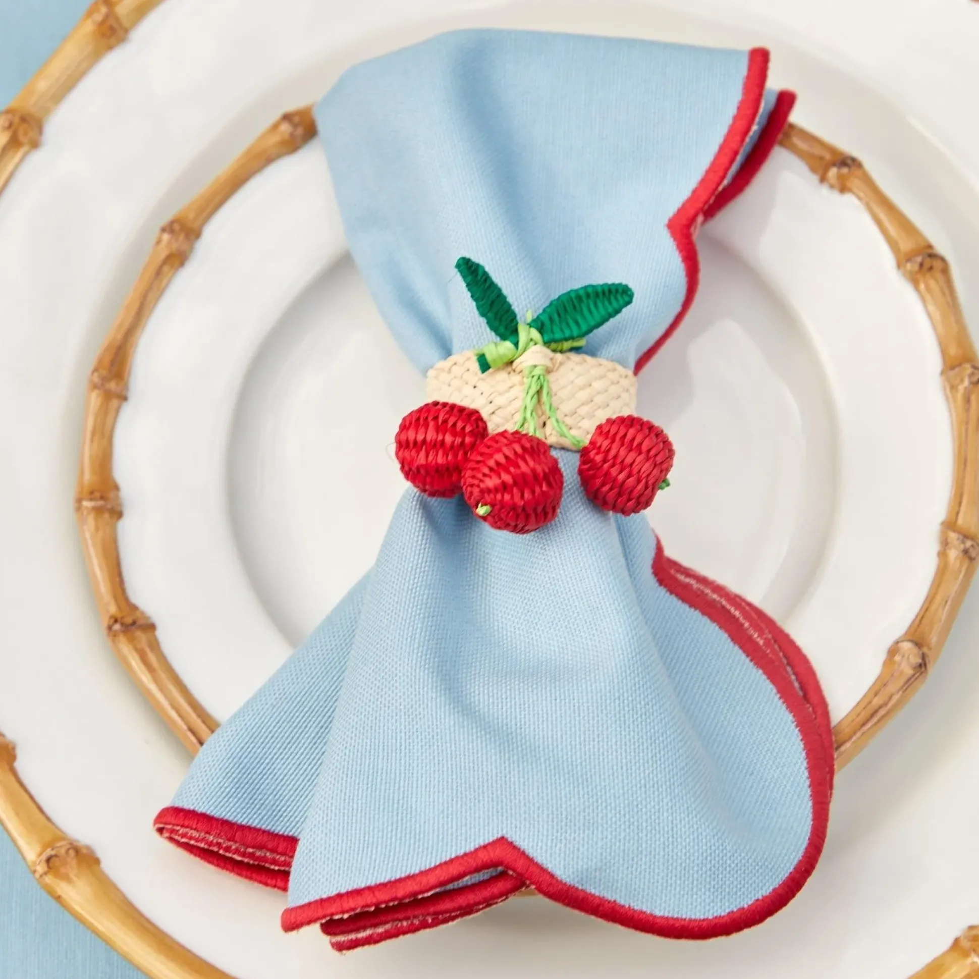 Blue With Red Scallop Placemats & Napkins (Set Of 4)