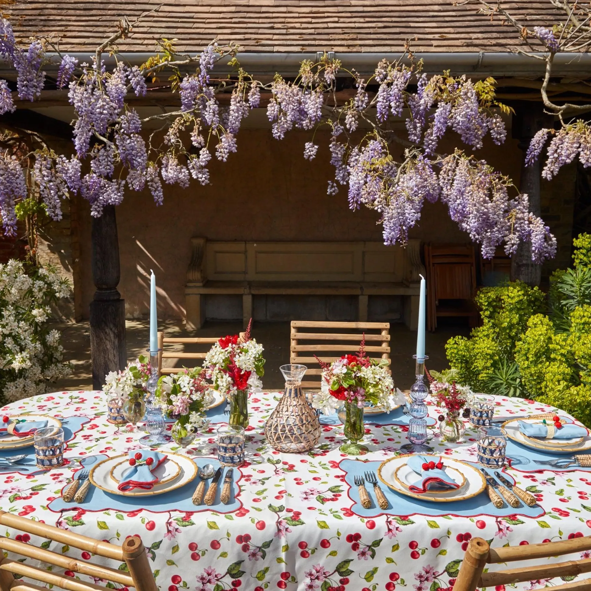 Blue With Red Scallop Placemats & Napkins (Set Of 4)