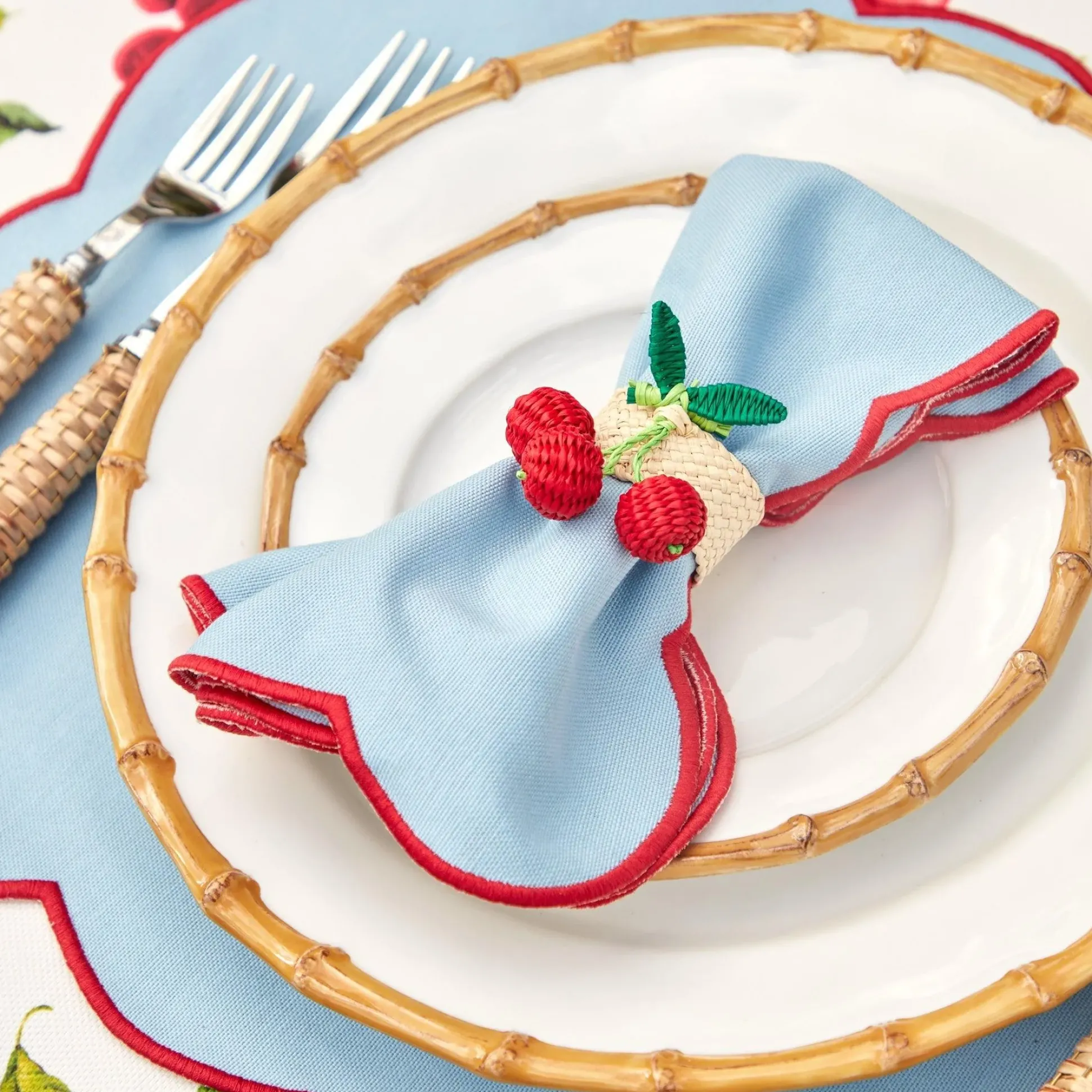 Blue With Red Scallop Placemats & Napkins (Set Of 4)