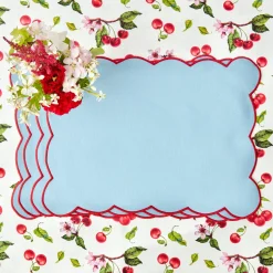 Blue With Red Scallop Placemats & Napkins (Set Of 4)
