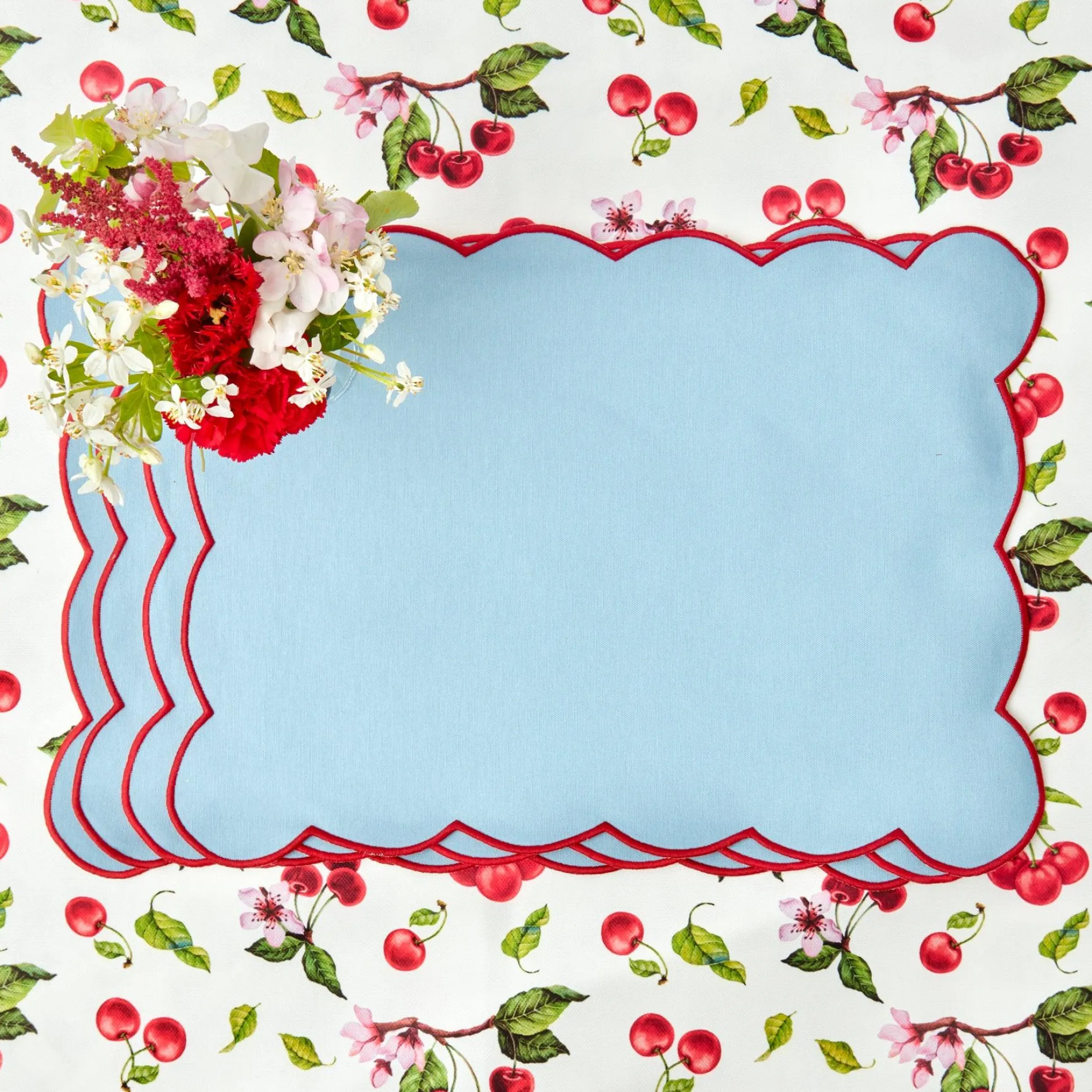 Blue With Red Scallop Placemats & Napkins (Set Of 4)
