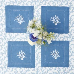 Coral Blue Linen Cocktail Napkins (Set Of 4)