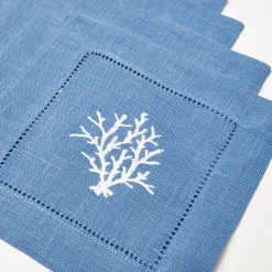 Coral Blue Linen Cocktail Napkins (Set Of 4)