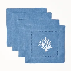 Coral Blue Linen Cocktail Napkins (Set Of 4)