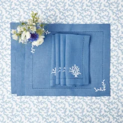 Coral Blue Linen Placemats & Napkins (Set Of 4)