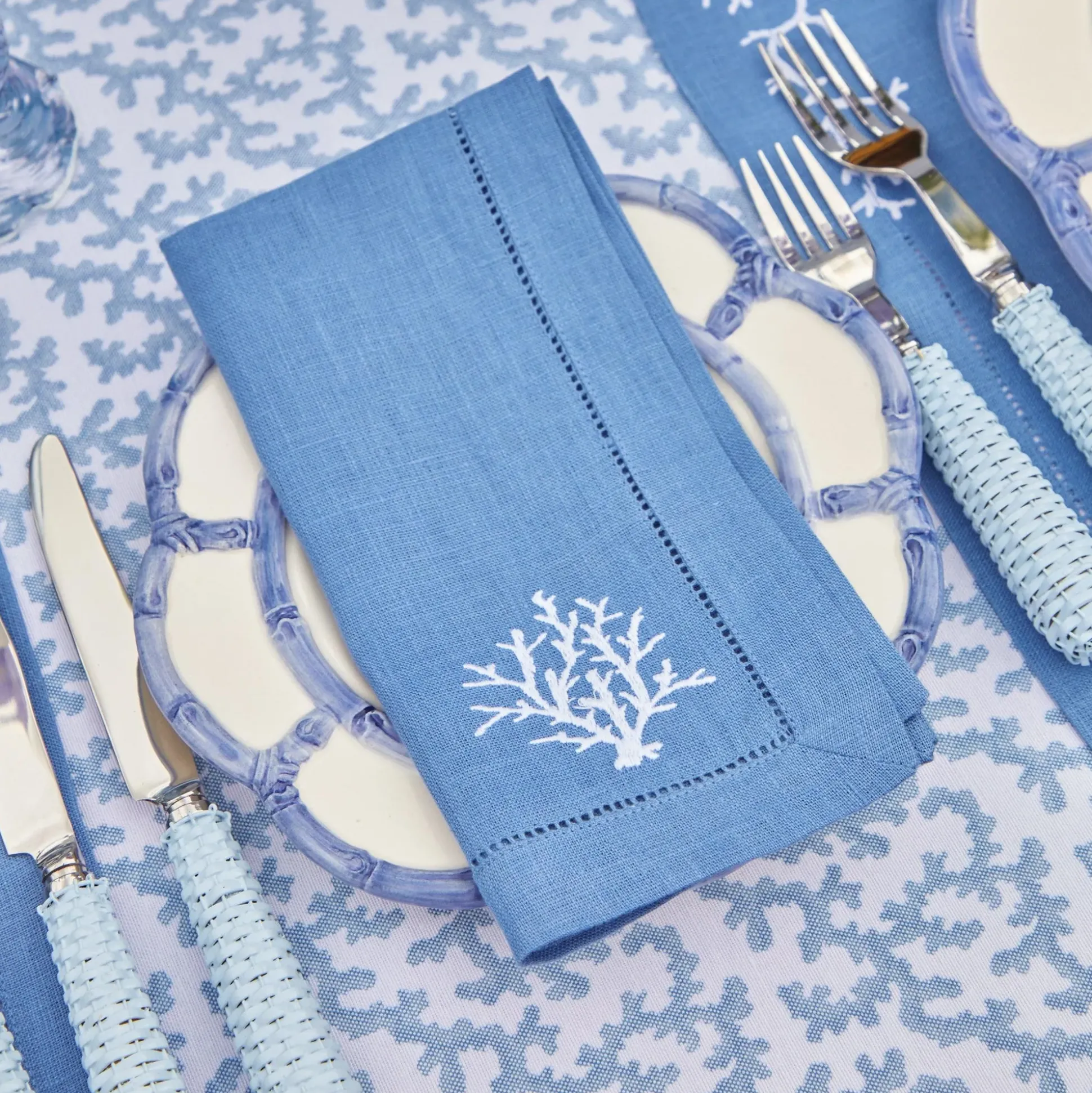 Coral Blue Linen Placemats & Napkins (Set Of 4)