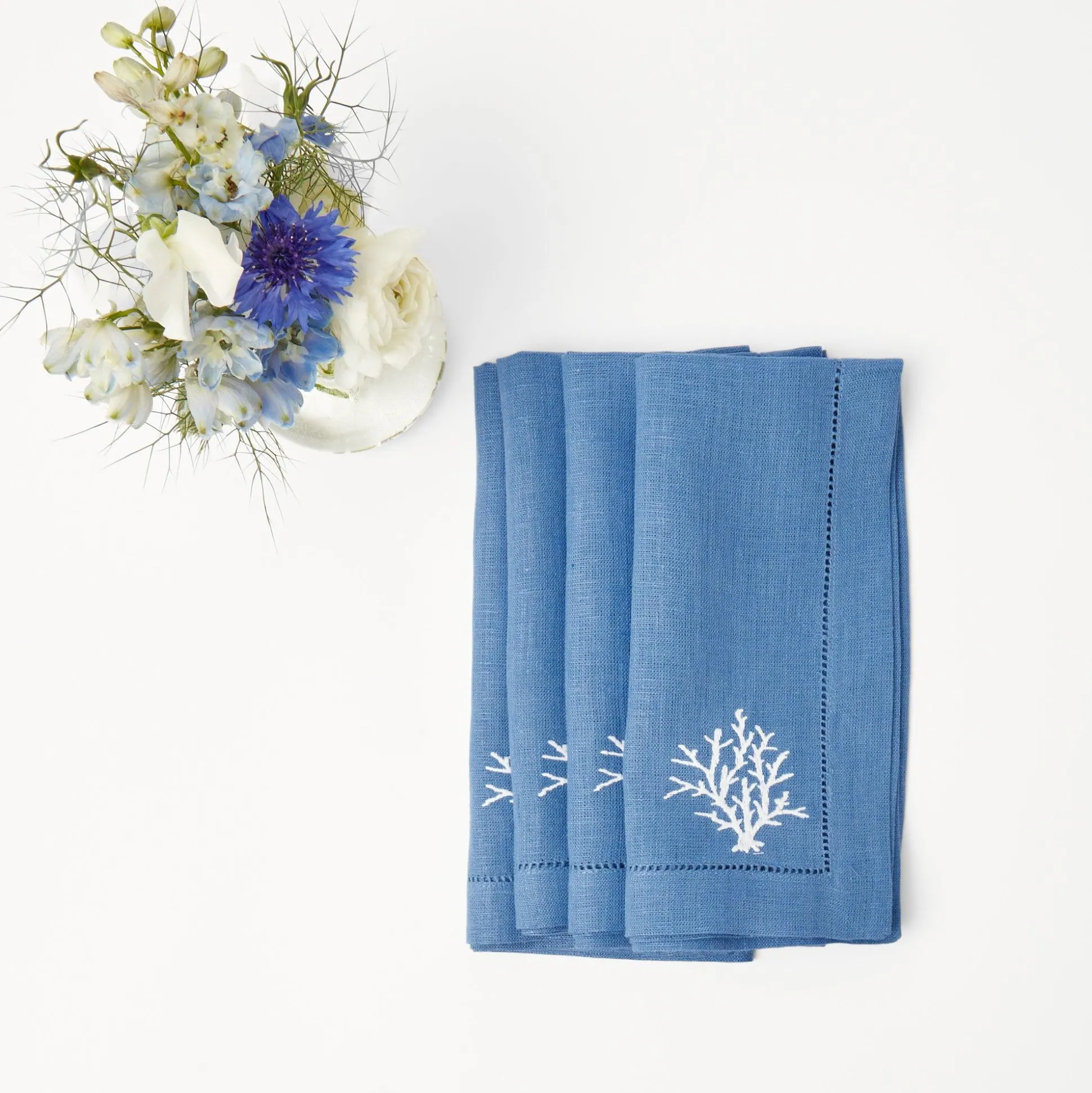 Coral Blue Linen Placemats & Napkins (Set Of 4)