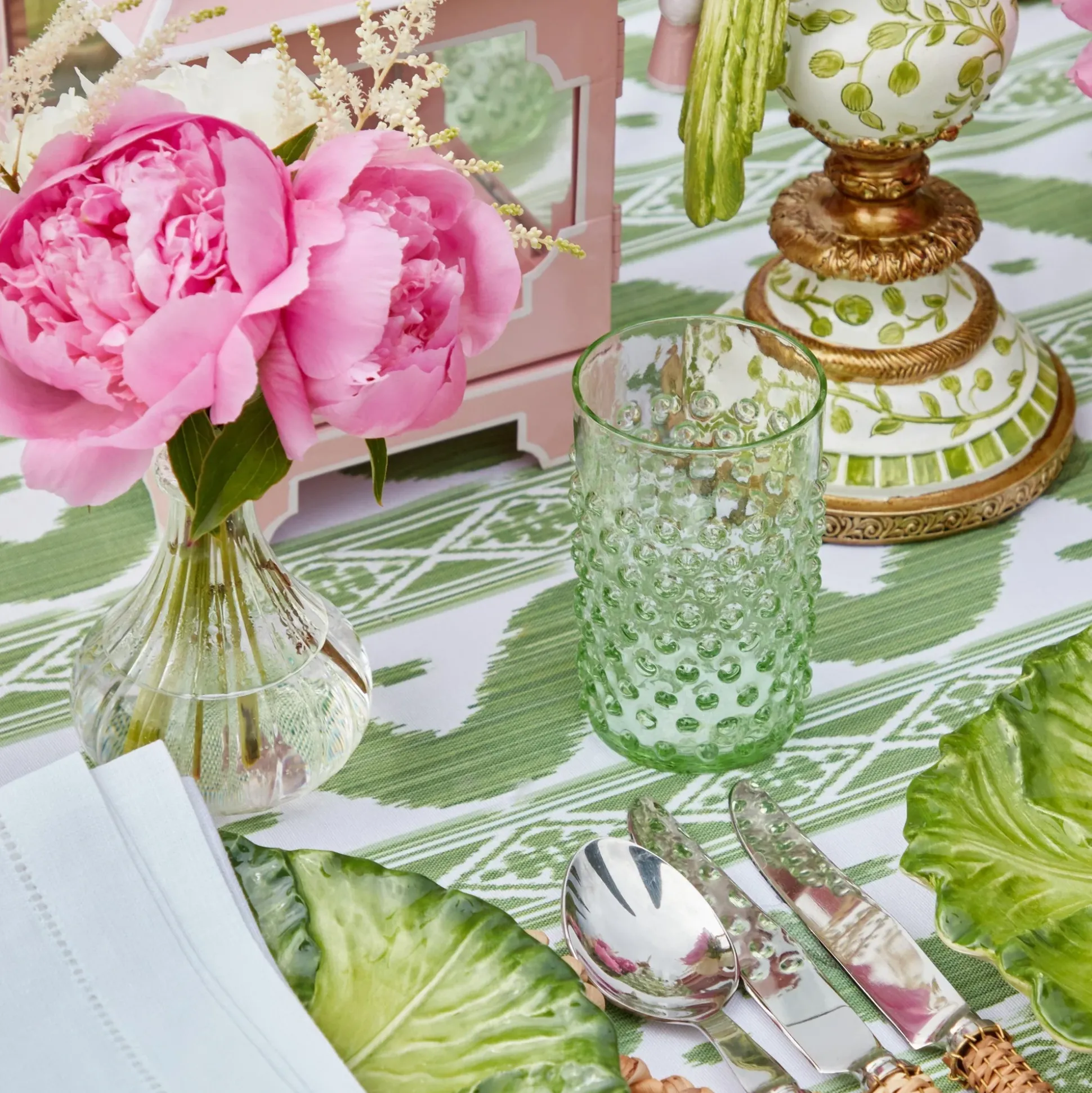 Emerald Hobnail Jug With Rose Handle & Glasses (Set Of 6)