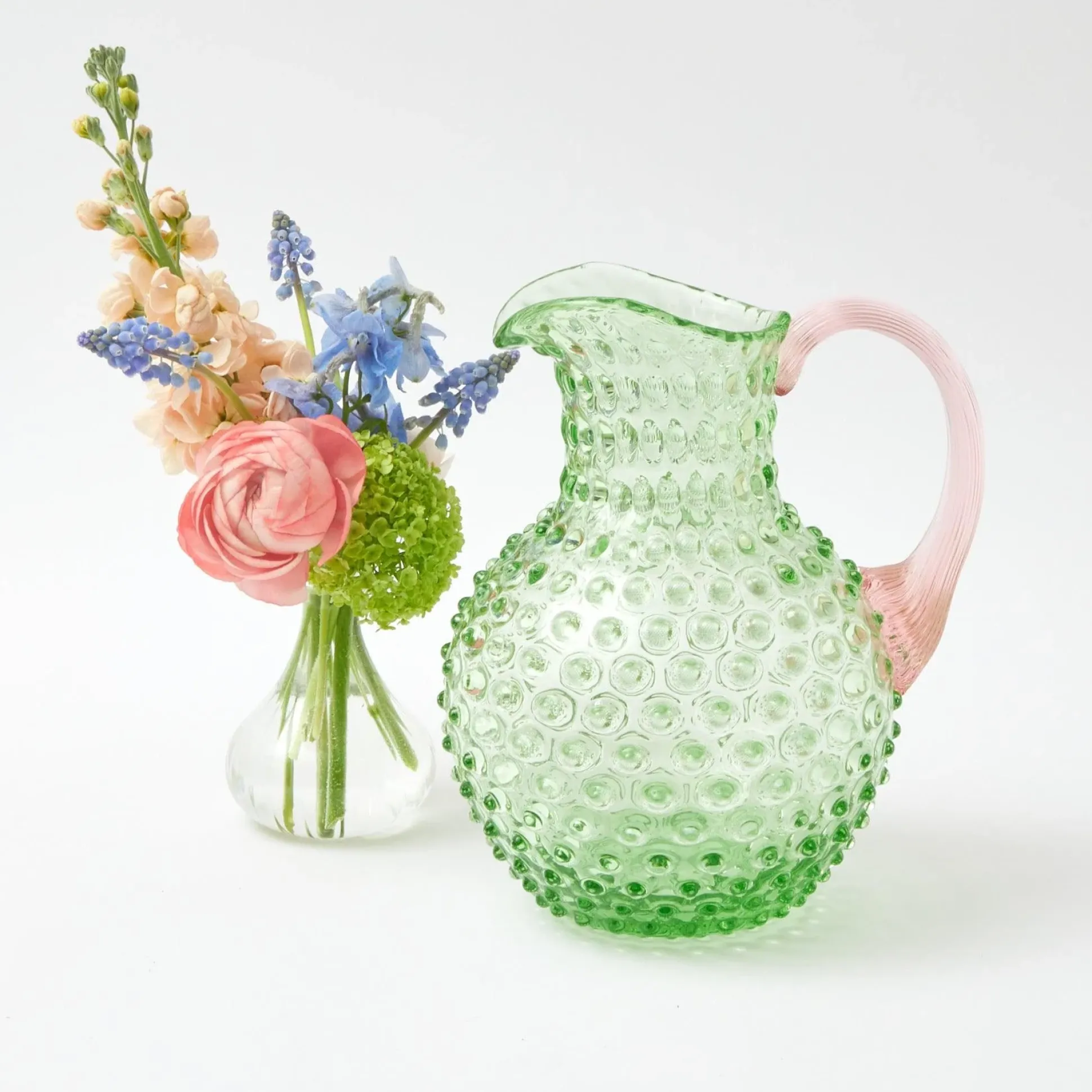 Emerald Hobnail Jug With Rose Handle & Glasses (Set Of 6)