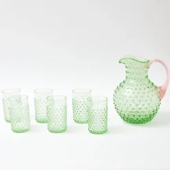 Emerald Hobnail Jug With Rose Handle & Glasses (Set Of 6)