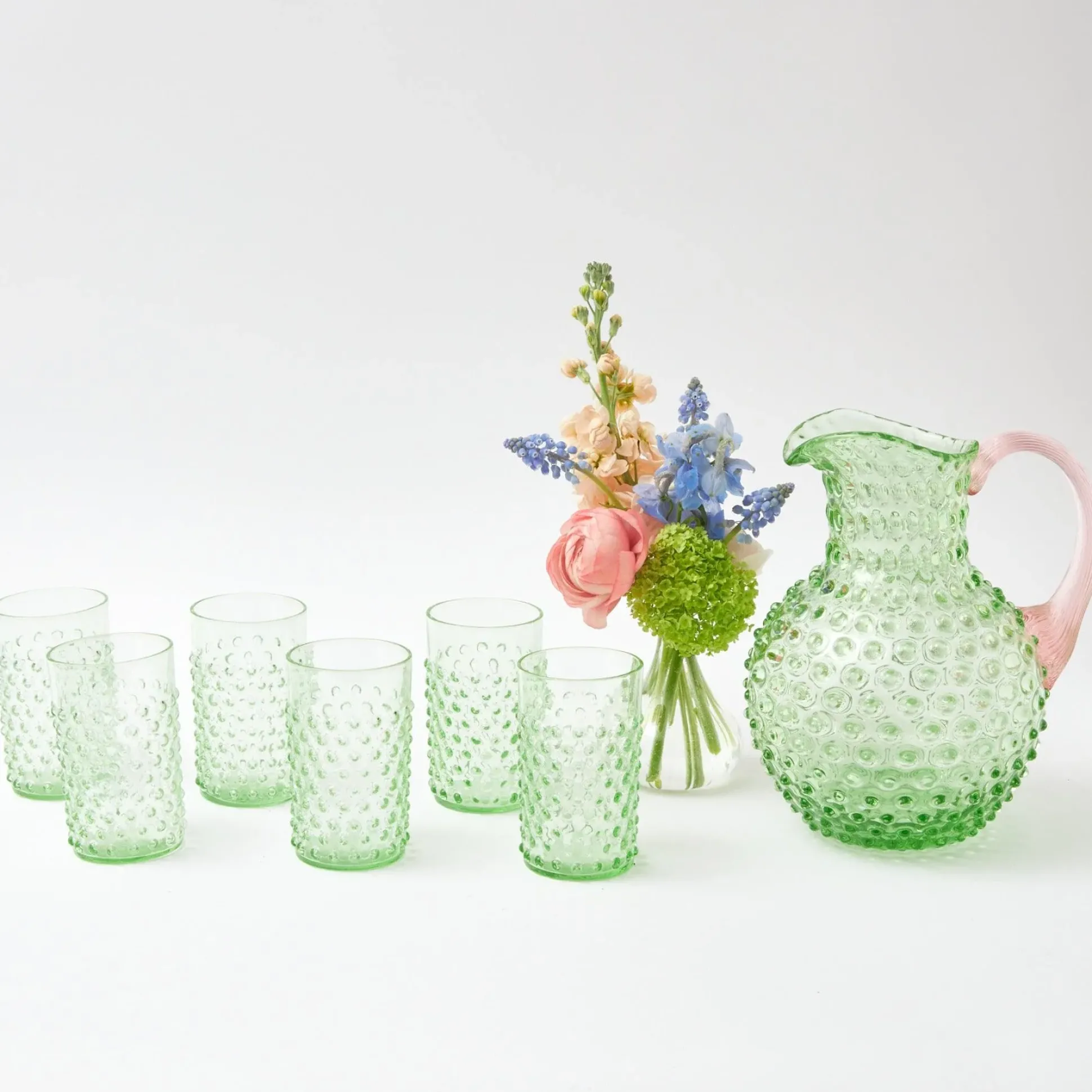Emerald Hobnail Jug With Rose Handle & Glasses (Set Of 6)