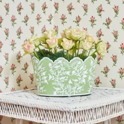 Green Floral Tole Scalloped Planter