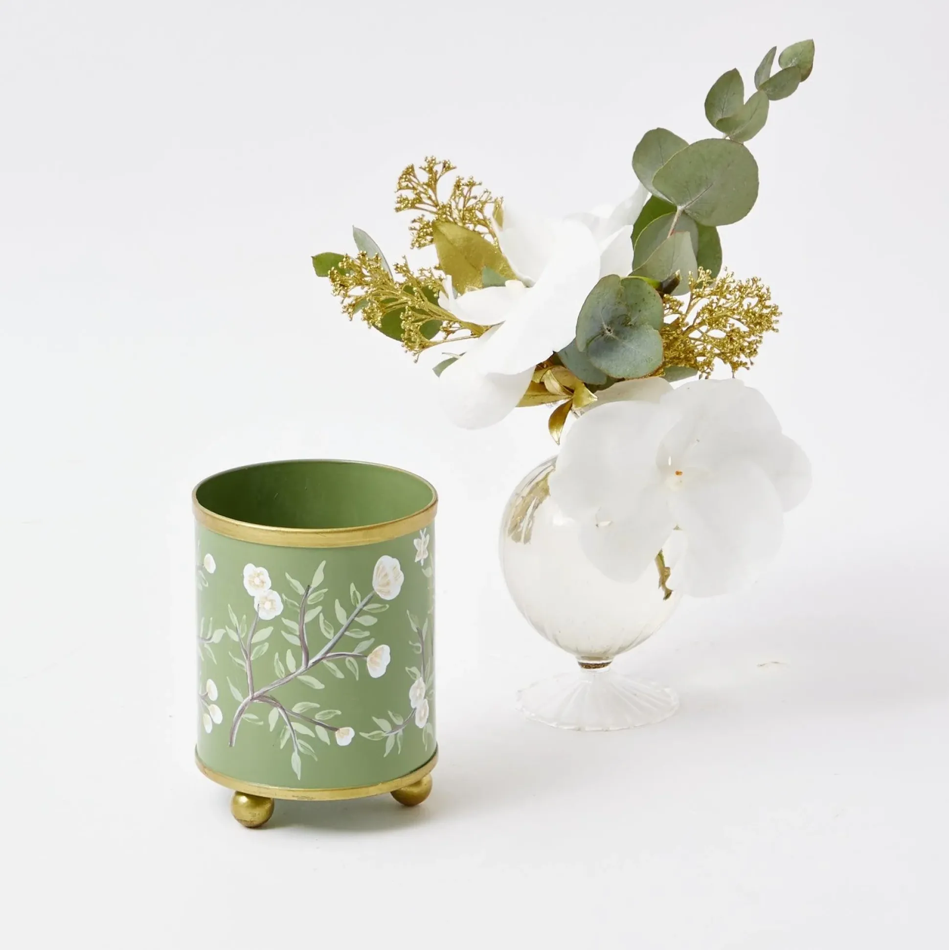Hand Painted Olive Floral Tole Candle Pot