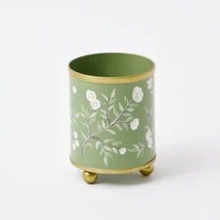 Hand Painted Olive Floral Tole Candle Pot