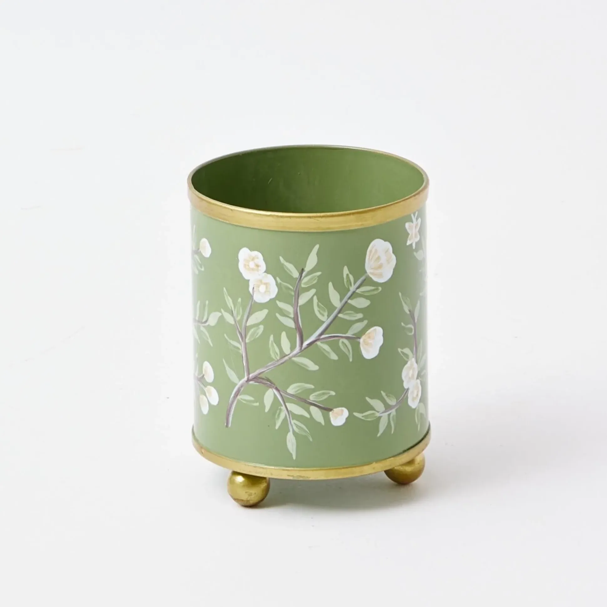 Hand Painted Olive Floral Tole Candle Pot