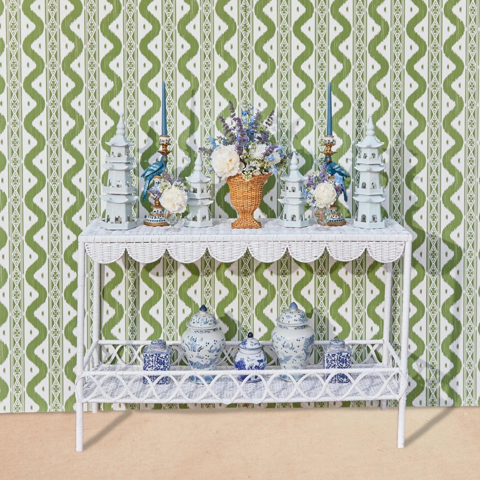 Madeleine White Rattan Scalloped Console Table