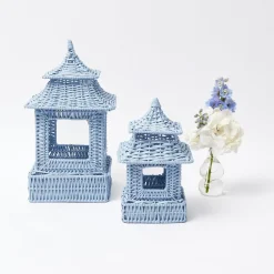 Mini Blue Rattan Pagoda Lanterns (Pair)