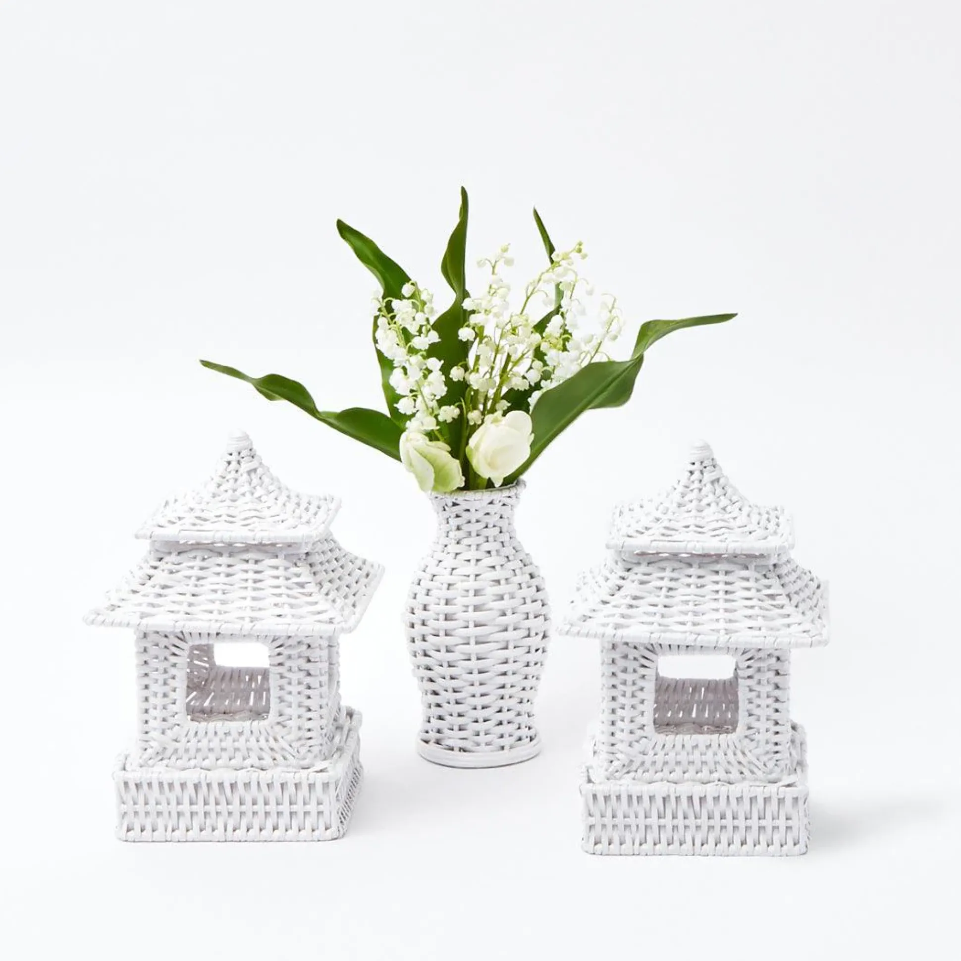 Mini White Rattan Pagoda Lanterns (Pair)