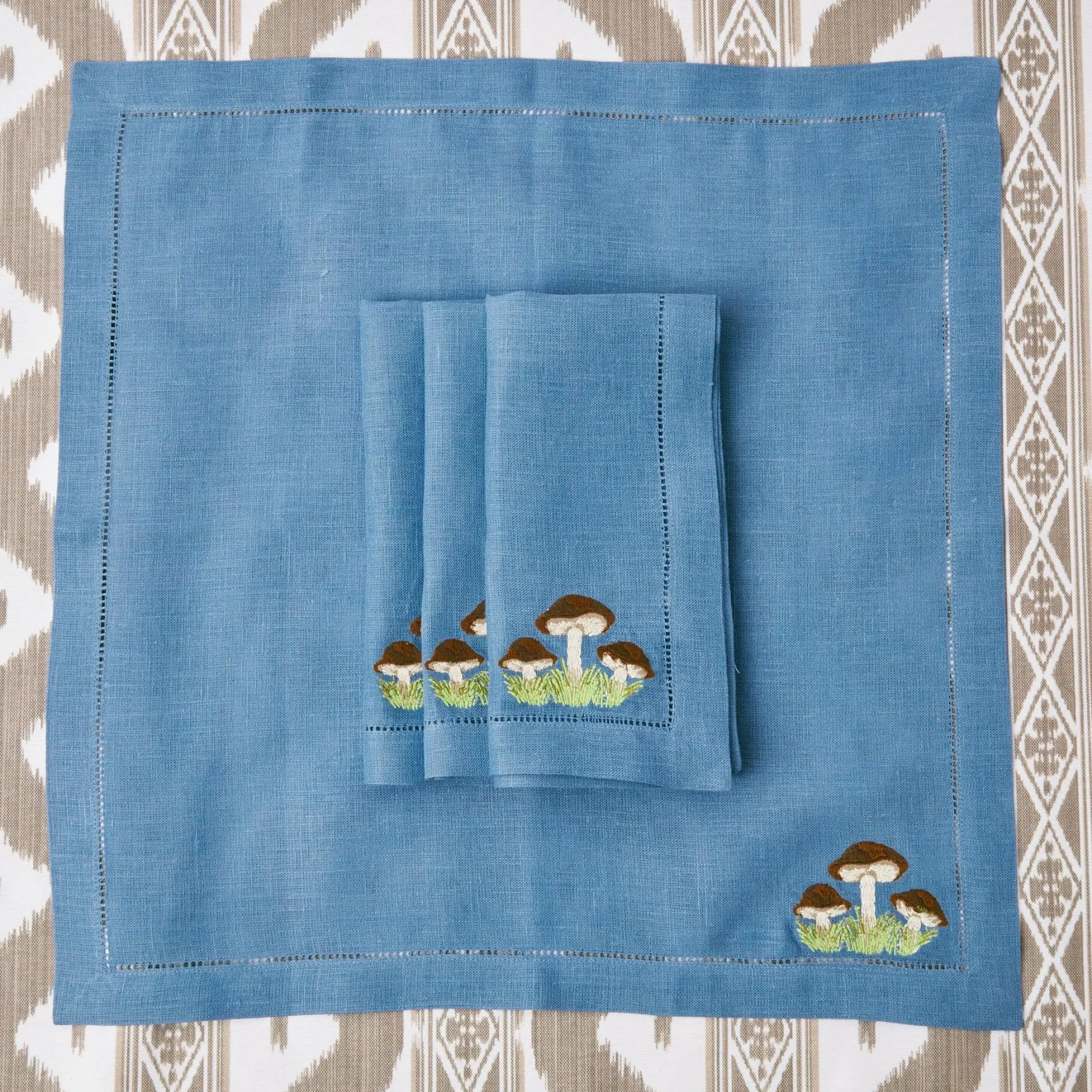Mushroom Blue Linen Napkins (Set Of 4)