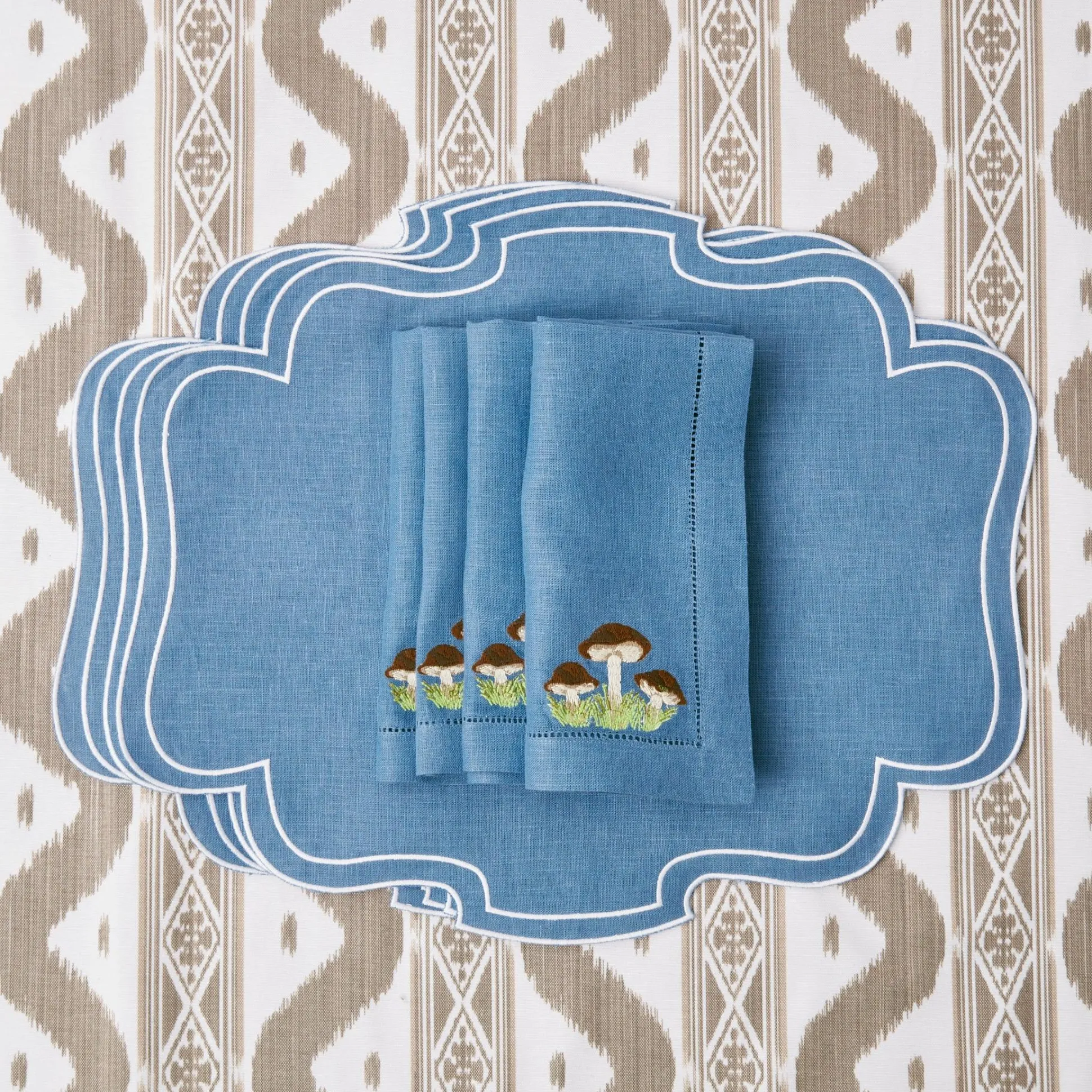 Mushroom Blue Linen Napkins (Set Of 4)