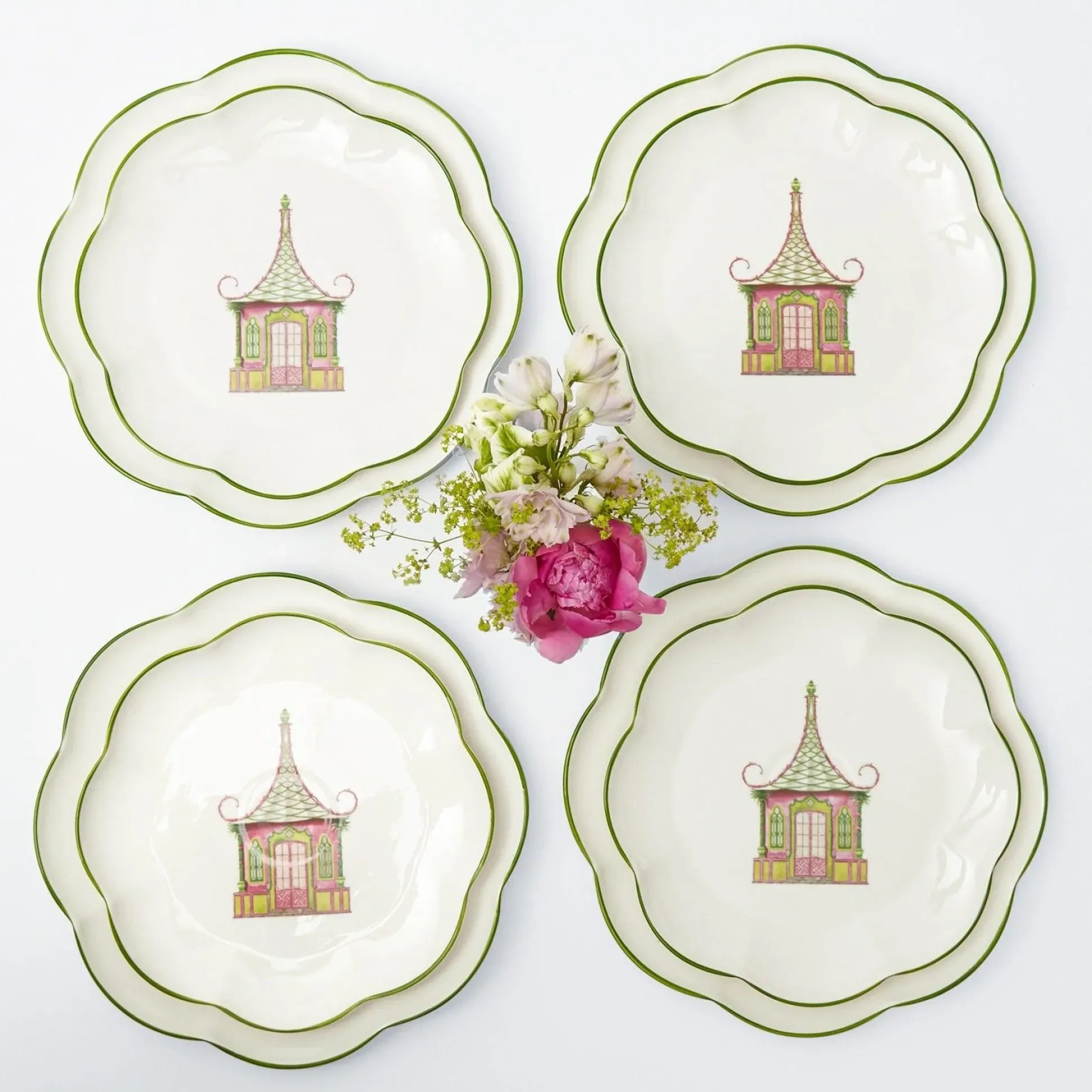 Pink & Green Pagoda Dinner & Starter Plates (Set Of 8)