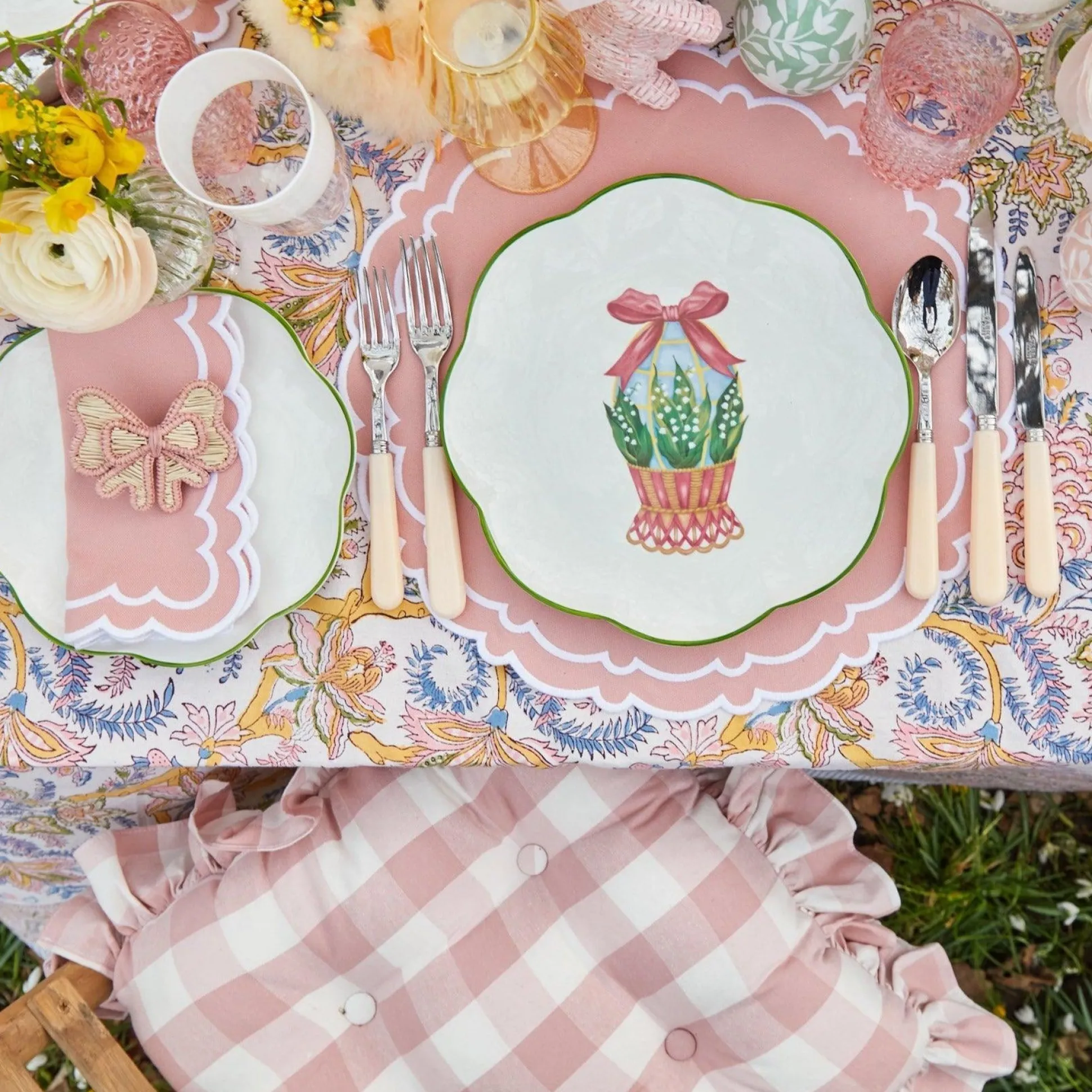 Pink Gingham Ruffle Seat Pad Cushion (Set Of 4)