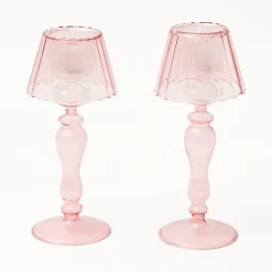 Pink Glass Lantern Tea Light Holder (Pair) - 24Cm