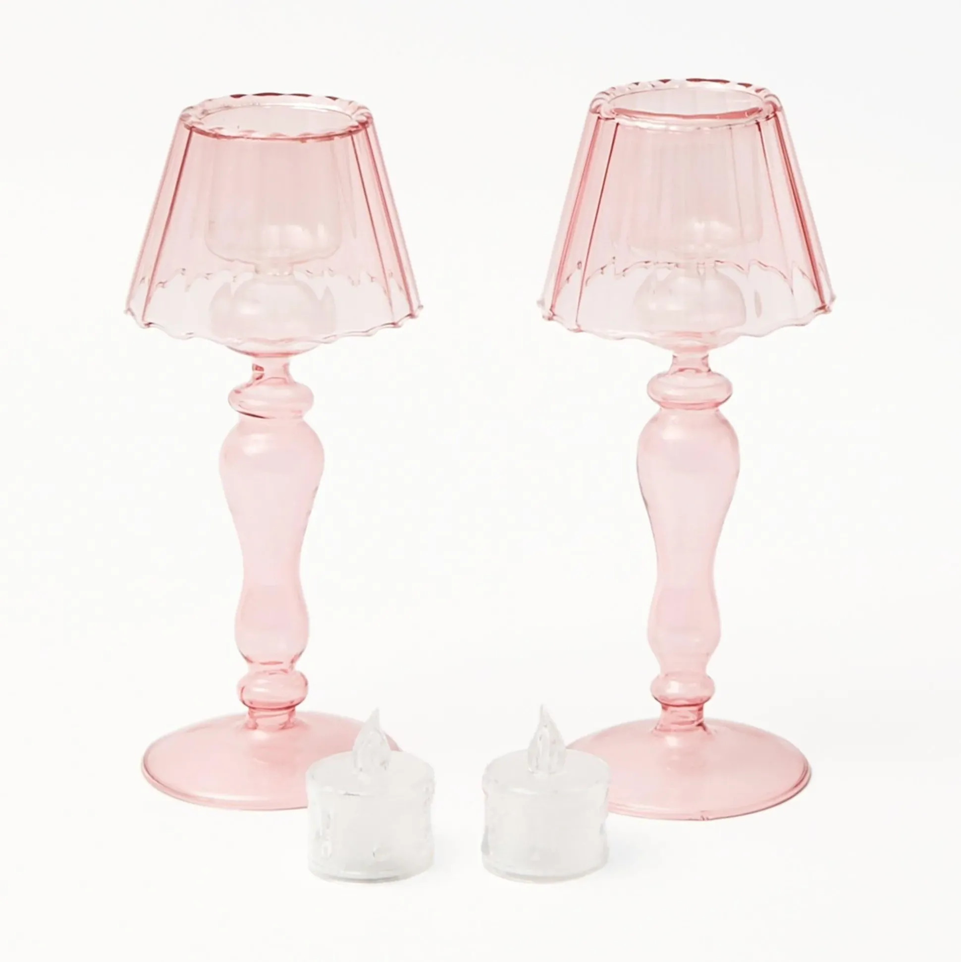 Pink Glass Lantern Tea Light Holder (Pair) - 24Cm