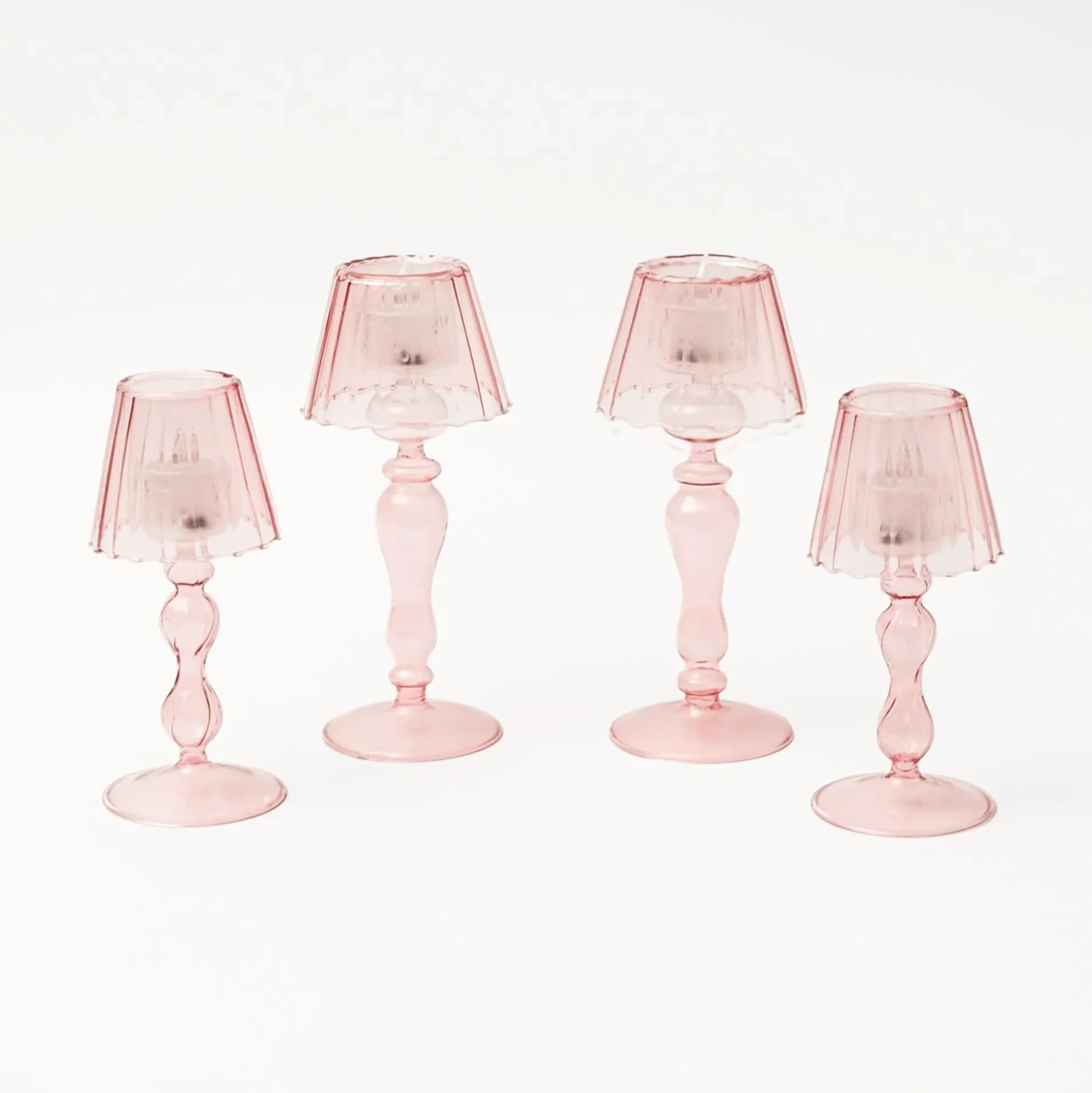 Pink Glass Lantern Tea Light Holder Set