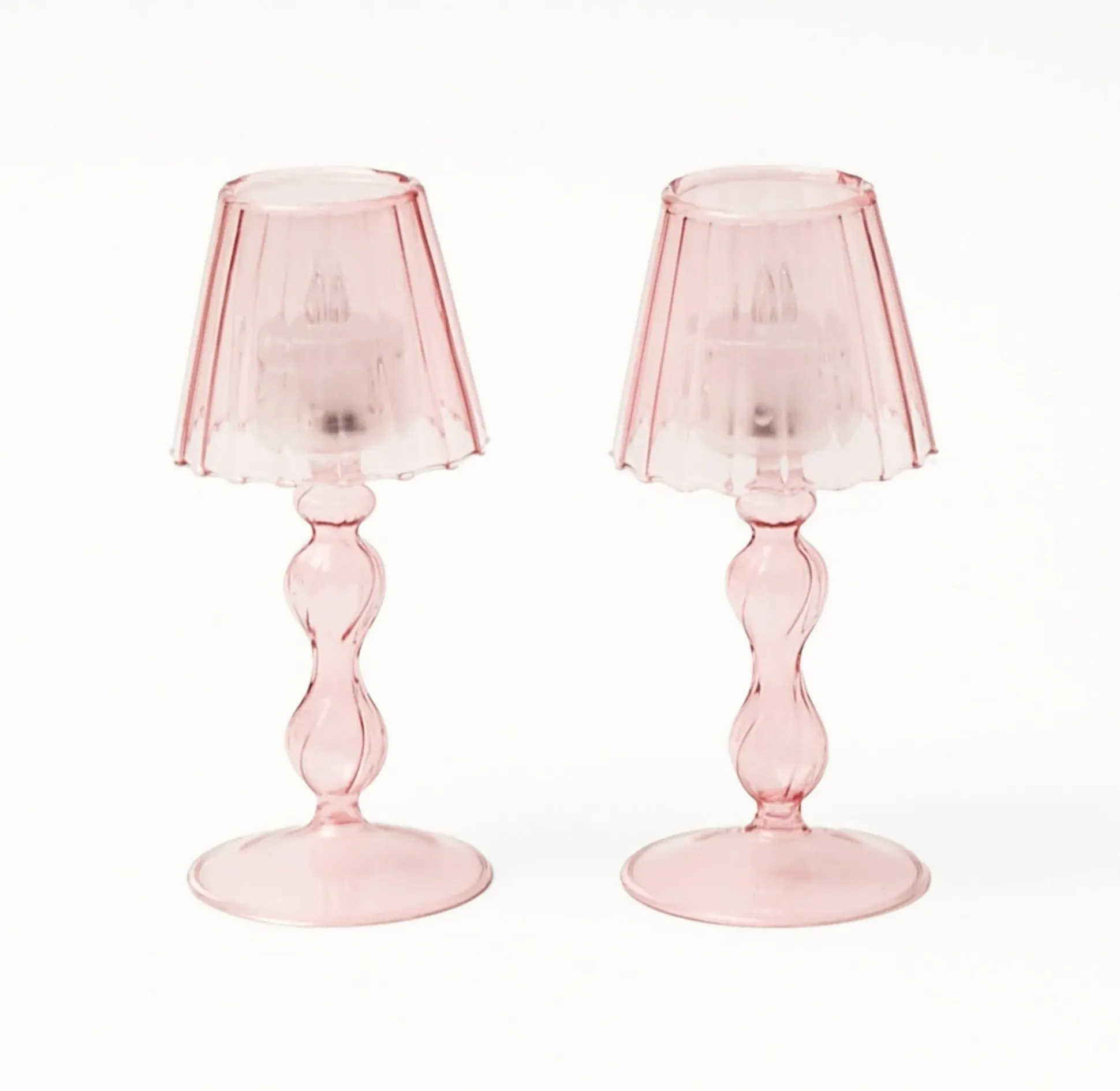 Pink Glass Lantern Tea Light Holder Set