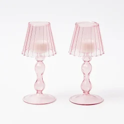 Pink Glass Lantern Tea Light Holder (Pair) - 18Cm