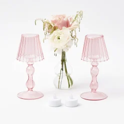 Pink Glass Lantern Tea Light Holder (Pair) - 18Cm