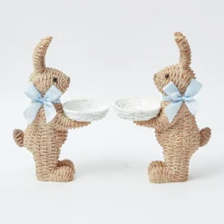 Rattan Blue Ribboned Rabbit With Basket (Pair)