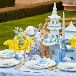 Rattan Blue Ribboned Rabbit With Basket (Pair)
