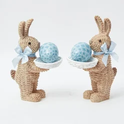 Rattan Blue Ribboned Rabbit With Basket (Pair)
