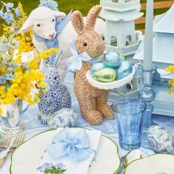 Rattan Blue Ribboned Rabbit With Basket (Pair)