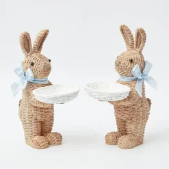 Rattan Blue Ribboned Rabbit With Basket (Pair)