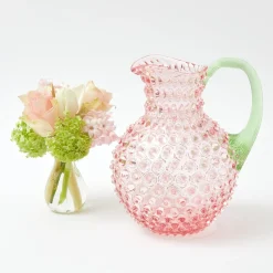Rose Hobnail Jug With Emerald Handle & Glasses (Set Of 6)