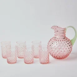 Rose Hobnail Jug With Emerald Handle & Glasses (Set Of 6)