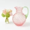 Rose Hobnail Jug With Emerald Handle & Glasses (Set Of 6)