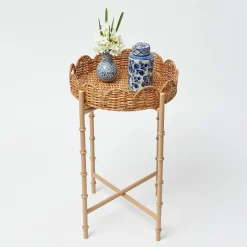 Round Scalloped Rattan Tray With Stand